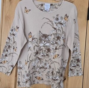 NWOT Vintage Morning Sun 100% Cotton Beige Kitty Butterfly Floral Blouse Large